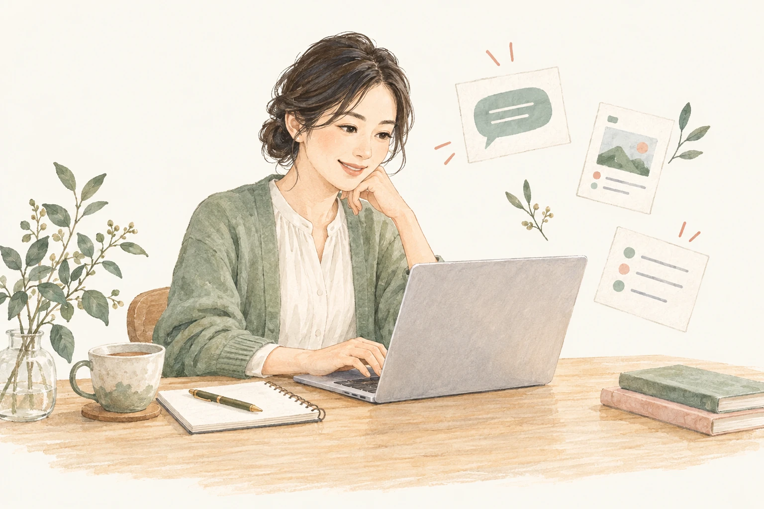 ノートパソコンでAIに相談しながら、発信や資料を作る教室の先生のイラスト