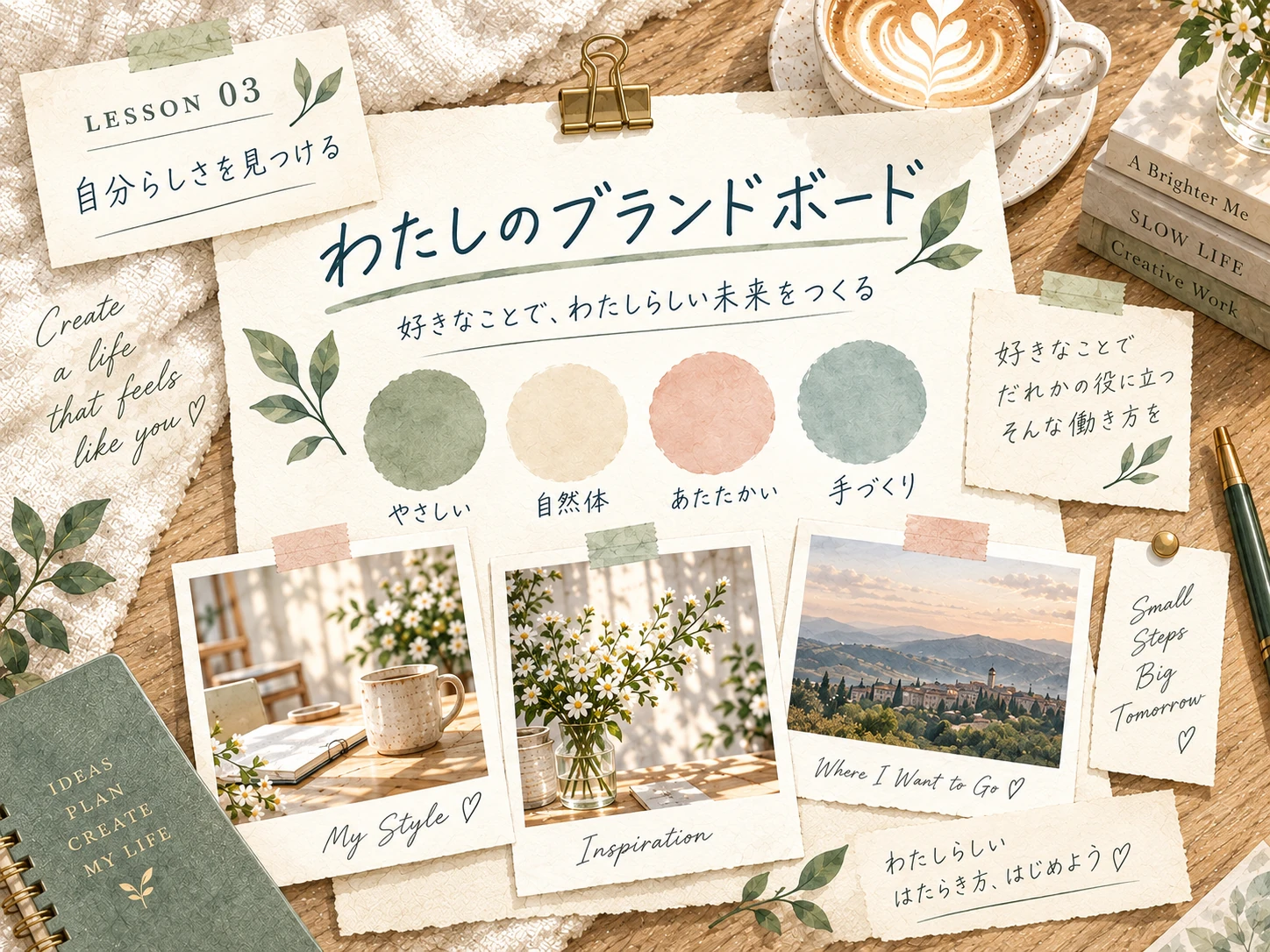 色・写真・言葉を集めたブランドボードの水彩イメージ